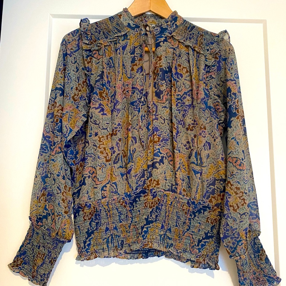 Women’s Long Sleeve Smocked Waist Bohemian Chiffon Blouse Size  S